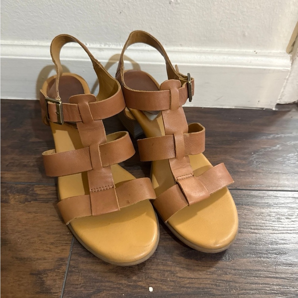Kork-Ease Tan Sandals with Woven Straps and Stacked Heel